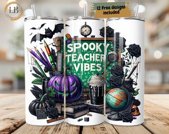 May include: White tumbler with a Halloween-themed design. The design includes a purple jack-o'-lantern, black roses, bats, pencils, and the text "Spooky Teacher Vibes". A globe and skull are also featured.