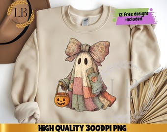 May include: Beige sweatshirt featuring a patchwork ghost design with a large floral bow, holding a jack-o'-lantern bucket. The design includes a pocket with a heart and the text "12 Free designs included". The image also says "HIGH QUALITY 300DPI PNG".