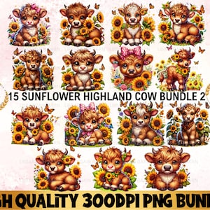 Watercolor Sunflower Highland Cows PNG, Spring Flowers Clipart, Highland Cow Nursery, Baby Cow png Bundle, Cow Sublimation Digital Download