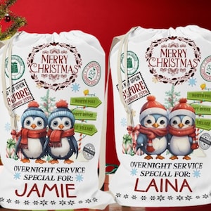 Custom XLarge Christmas Santa Sack, Personalized Santa Penguins Bag with Name, Strap & String Closure, Christmas Penguins Gift Bag 2 Sizes