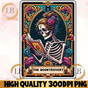 Die Booktrovert Tarot-Karte PNG, Buchliebhaber Leser T-Shirt Becher PNG, Leseskelett Sublimationsdesign, Skelett Digitale Clipart
