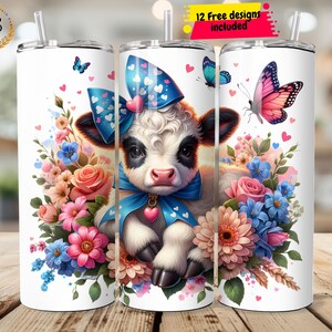 Highland Cow 20 oz Skinny Tumbler Sublimation Design, Floral Highland Cow Tumbler Wrap, Butterfly Wrap, Digital Download, Cow Lover Gift