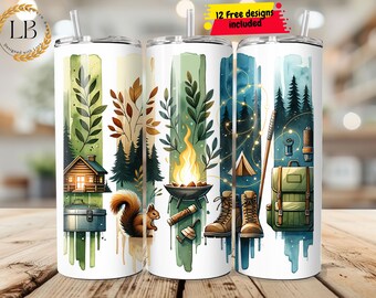 Fall Camping Mountain Tumbler Wrap PNG,20oz Skinny Sublimation Design, Watercolor Outdoor Adventure Campers tumbler wrap, Instant Download
