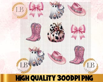Coquette Halloween PNG, Halloween Ocidental PNG, Abóbora de Halloween PNG, Fantasma Cowboy PNG, Temporada Assustadora Retrô PNG, Design de Sublimação de Laço