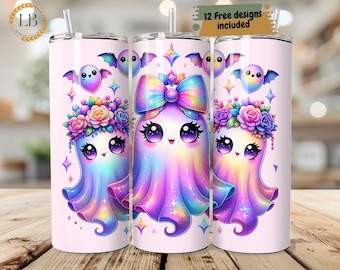 Coquette Ghost Pink Halloween Tumbler Wrap, 20oz Skinny Tumbler, Halloween Tumbler Wrap, Kawaii Ghost Tumbler PNG Files Digital Download