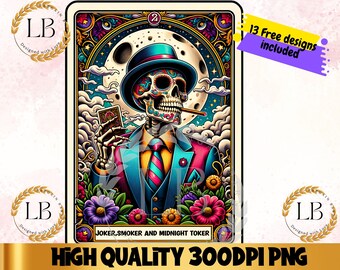 Joker Smoker Tarot Card PNG, Skeleton Digital Sublimation Design