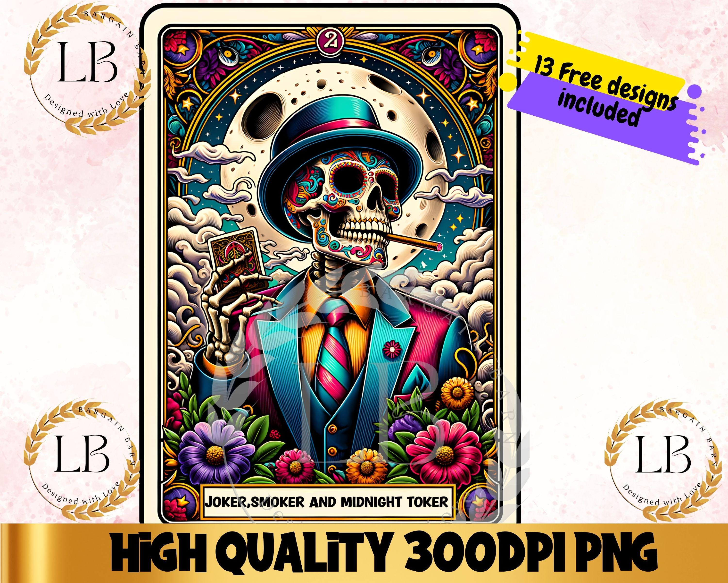 Joker Smoker Midnight Toker tarotkaart PNG, skelet digitale sublimatie ontwerp, gotische tarot T-shirt mok Tumbler Tote png, digitale clipart