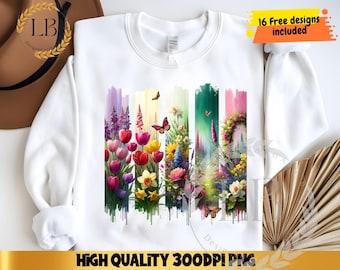 Spring Floral PNG Sublimation Design, Spring Flowers Brushstroke Design Botanical Digital Download Summer Flower Nature Design for Shirt Mug