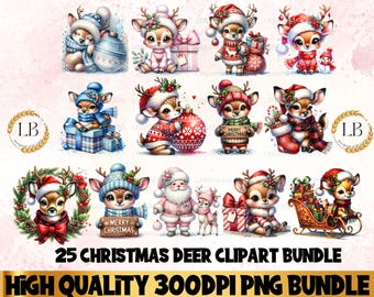 Aquarelle Noël cerf des cliparts, mignon bébé cerf de Noël, PNG Noël Clipart, Clipart Animal mignon de Noël, Lic commercial