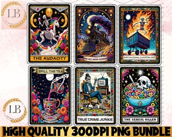 May include: A set of 8 digital printable cards featuring a dark background with colorful illustrations of skeletons, a train, a dumpster fire, a teacup, a TV, and a bowl of cereal. The cards have text on them, including "The Audacity", "The Hot Mess Express", "The Emotional Dumpster Fire", "Spill The Tea", "True Crime Junkie", and "The Cereal Killer".