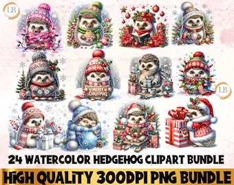 Aquarell Igel Clipart Bundle, Weihnachten Igel PNG, Tier Clipart, druckbare Weihnachtsclipart, niedlicher Igel digitaler Download