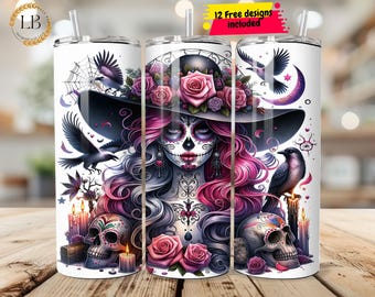 Day of the Dead Witchy Tumbler Wrap, Sugar Skull 20 oz Skinny Tumbler Sublimation Design, Digital Download PNG, La Catrina Skeleton png