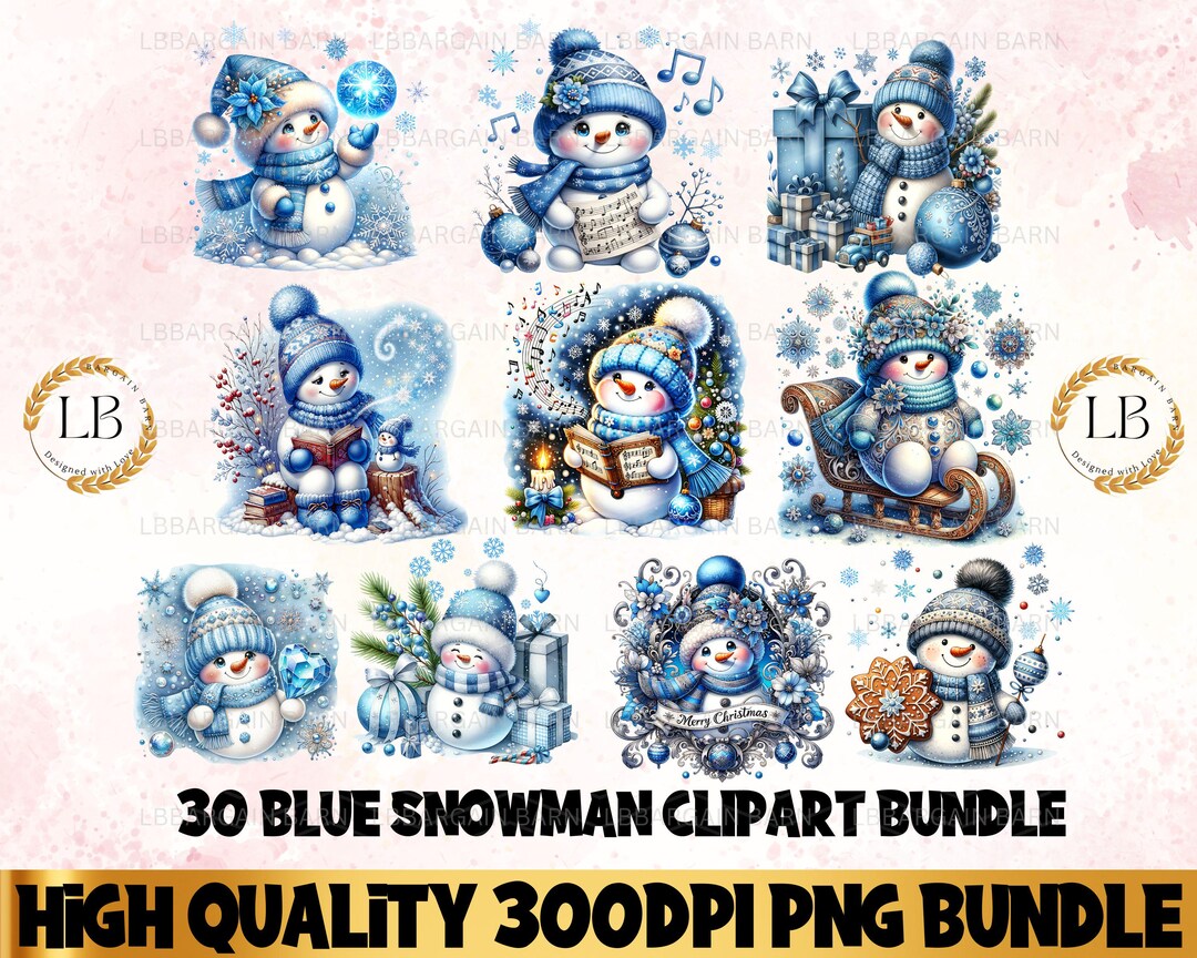 Watercolor Blue Christmas Snowman Clipart Bundle, Snowman Png ...