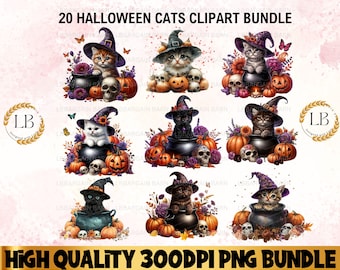 Aquarell Halloween Katzen Sammlung Clipart, PNG Halloween Clipart, süße Halloween schwarze Katzen Clipart, Kitty PNG Bundle, Sublimationsdesign