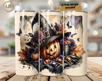 May include: Three cream-colored tumblers with a Halloween-themed design. The design features a jack-o'-lantern wearing a witch hat, surrounded by flowers, butterflies, and candy. The text "12 Free designs included" is at the top.
