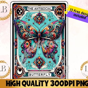 Die asoziale Schmetterling Tarot Karte PNG, lustiges digitales Sublimationsdesign, Angst introvertierte Neurodiversent T-Shirt Becher PNG Download Clipart