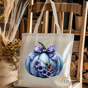 May include: A white tote bag with a blue and purple pumpkin with flowers and a plaid bow. The bag has a white and gray gingham pattern.