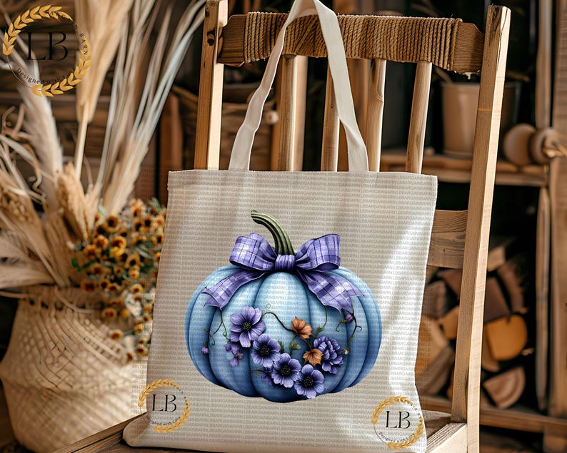 May include: A white tote bag with a blue and purple pumpkin with flowers and a plaid bow. The bag has a white and gray gingham pattern.
