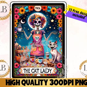 Die Katzenlady-Tarot-Karte PNG, lustiges Skelett-Sublimationsdesign, Katzenliebhaber-T-Shirt, Katzenmutter-Becher, Schädel-Digital Clipart, sofortiger Download