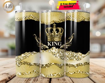 Gold King Glitter Pattern 20 OZ Skinny Tumbler Design, Straight Sublimation Wrap Design Tumbler PNG Wrap Template, DIY Tumbler Wrap