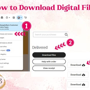 May include: A screenshot of a computer screen showing how to download digital files from a website. The screen shows a menu on the left with options like "Purchases and reviews", "Messages", and "Credit balance". On the right side of the screen, there is a search bar, a button that says "Download files", and a section titled "Delivered" with three buttons that say "Download". The buttons are numbered 1, 2, and 3.