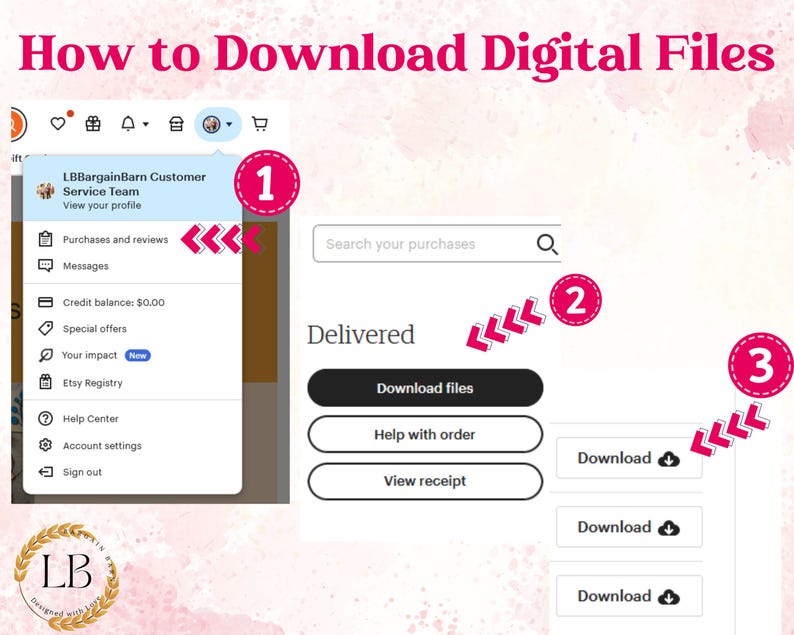 May include: A screenshot of a computer screen showing how to download digital files from a website. The screen shows a menu on the left with options like "Purchases and reviews", "Messages", and "Credit balance". On the right side of the screen, there is a search bar, a button that says "Download files", and a section titled "Delivered" with three buttons that say "Download". The buttons are numbered 1, 2, and 3.
