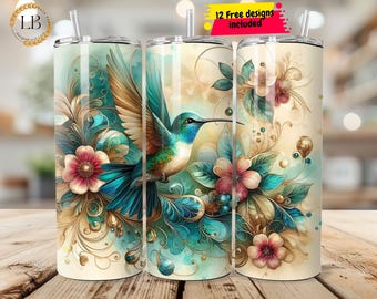 Watercolor Floral Hummingbird png, 20 oz Skinny Tumbler Sublimation Design, Digital Download PNG Instant DIGITAL ONLY, Flowers Tumbler Wrap