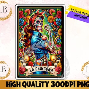 Carta de Tarô La Chingona PNG, Design Engraçado de Sublimação Mexicana, Esqueleto Chola, Loteria Latina Espanhola, Camiseta Feminina Caneca PNG Download Digital