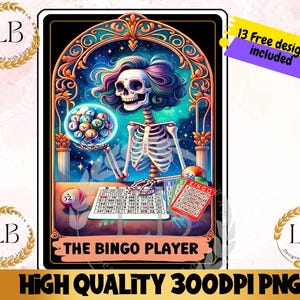De bingospeler tarotkaart PNG, grappig sublimatie skeletontwerp, tshirt bingoliefhebber, Lucky Bingo Tumbler digitale clipart Instant Download