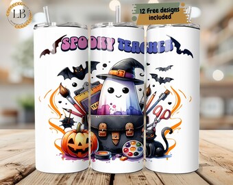 May include: White tumbler featuring a Halloween-themed design with the words "Spooky Teacher." The design includes a ghost wearing a witch hat, a jack-o'-lantern, bats, and school supplies. The tumbler also has a straw.