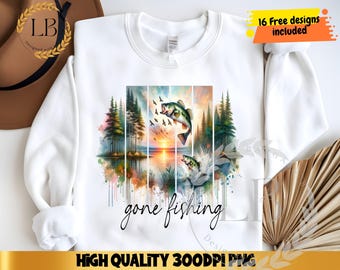 Gegangen, Jagd Angeln PNG, Sublimationsdesign, Bass Natur Shirt, Vatertag Jagd Fisch, digitaler Download, Aquarell Brushstroke Bass Fisch