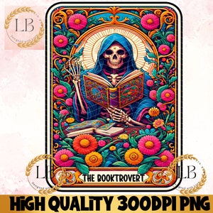 Die Booktrovert Tarot-Karte PNG, Leseskelett-Sublimationsdesign, Buchliebhaber-Leser-T-Shirt Becher Becher PNG, Skeleton Digital Clipart