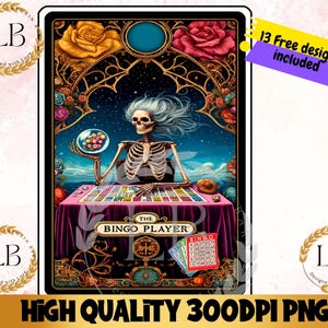 De bingospeler tarotkaart PNG, grappig sublimatie skeletontwerp, tshirt bingoliefhebber, Lucky Bingo Tumbler digitale clipart Instant Download