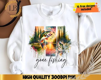 Gone Hunting Fishing PNG, sublimatieontwerp, shirt bas buitenshuis, vaderdagjachtvis, digitale download, aquarel penseelstreek zeebaars