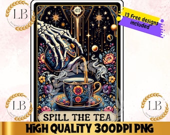 Spill The Tea Skeleton Tarot Card PNG, Gothic Humor (Digital PNG)