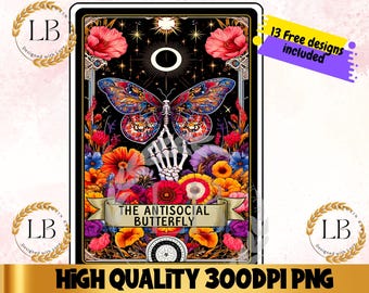 Antisocial Butterfly Tarot Card PNG, Skeleton Sublimation Design (Digital Download)