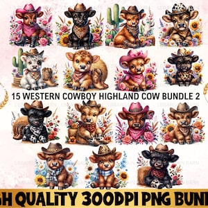Watercolor Cute Western Highland Cows Clipart, Baby Cow PNG, Baby Cow Nursery Clipart Bundle, PNG Spring Flowers Clipart Print, DTF Designs
