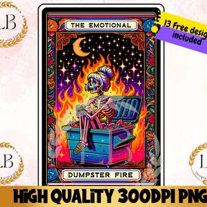 Carta dei Tarocchi Scheletro Divertente con Fuoco nel Cassonetto Emotivo PNG, Maglietta Gotica Strega PNG Digitale, Design a Sublimazione, Clipart di Carte dei Tarocchi Umoristiche per Adulti