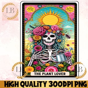 La carta del tarot amante de las plantas PNG, diseño de esqueleto de sublimación divertido, camiseta divertida del amante del jardín, descarga instantánea del clip digital del vaso