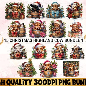 Watercolor Christmas Highland Cows Clipart, Christmas Highland Cows In Barrel, PNG Christmas Clipart, Cute Christmas Cows, Commercial Lic