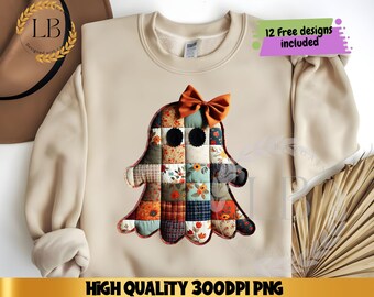 Patchwork Ghost PNG, Halloween Vintage Quilt Ghost Sublimation, Cozy Spooky Fall Shirt Design, Retro Halloween Ghost PNG, Sublimation Design