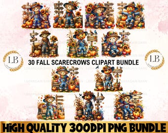 Watercolor Fall Scarecrows Clipart Bundle, PNG Autumn Clipart, Cute Scarecrow Graphics, Autumn Floral Printable Digital Bundle, Commercial