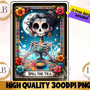 Funny Skeleton Tarot Card PNG, Spill The Tea, Sublimation Design (Digital Download)