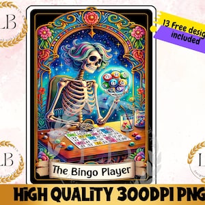 De bingospeler tarotkaart PNG, grappig sublimatie skeletontwerp, tshirt bingoliefhebber, Lucky Bingo Tumbler digitale clipart Instant Download