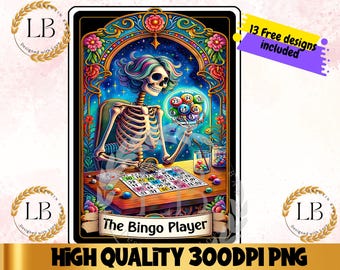 De bingospeler tarotkaart PNG, grappig sublimatie skeletontwerp, tshirt bingoliefhebber, Lucky Bingo Tumbler digitale clipart Instant Download