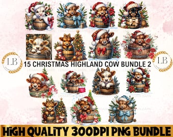 Watercolor Christmas Highland Cows Clipart, Christmas Highland Cows In Barrel, PNG Christmas Clipart, Cute Christmas Cows, Commercial Lic