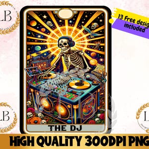 The DJ Tarot Card PNG, skeletsublimatieontwerp, trendy discjockey Skull T-shirtontwerp, sarcastische vloekende sublimatie, digitale download