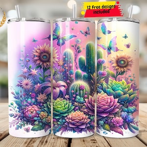 Vaso delgado de 20 oz con diseño de sublimación de plantas suculentas de cactus, descarga digital PNG instantánea, solo digital, envoltura para vaso, regalo para amantes de las plantas