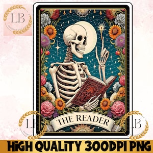Die Leser-Tarotkarte PNG, Buchliebhaber Booktrovert Schädel-Tarot-T-Shirt Becher PNG-Datei, Leseskelett-Sublimationsdesign, digitaler Download