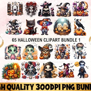 Watercolor Halloween Collection Clipart Bundle, PNG Halloween Clipart, Ghost, Witch, Jack-O-Lantern, Mummy, Halloween Cat, Commercial Lic